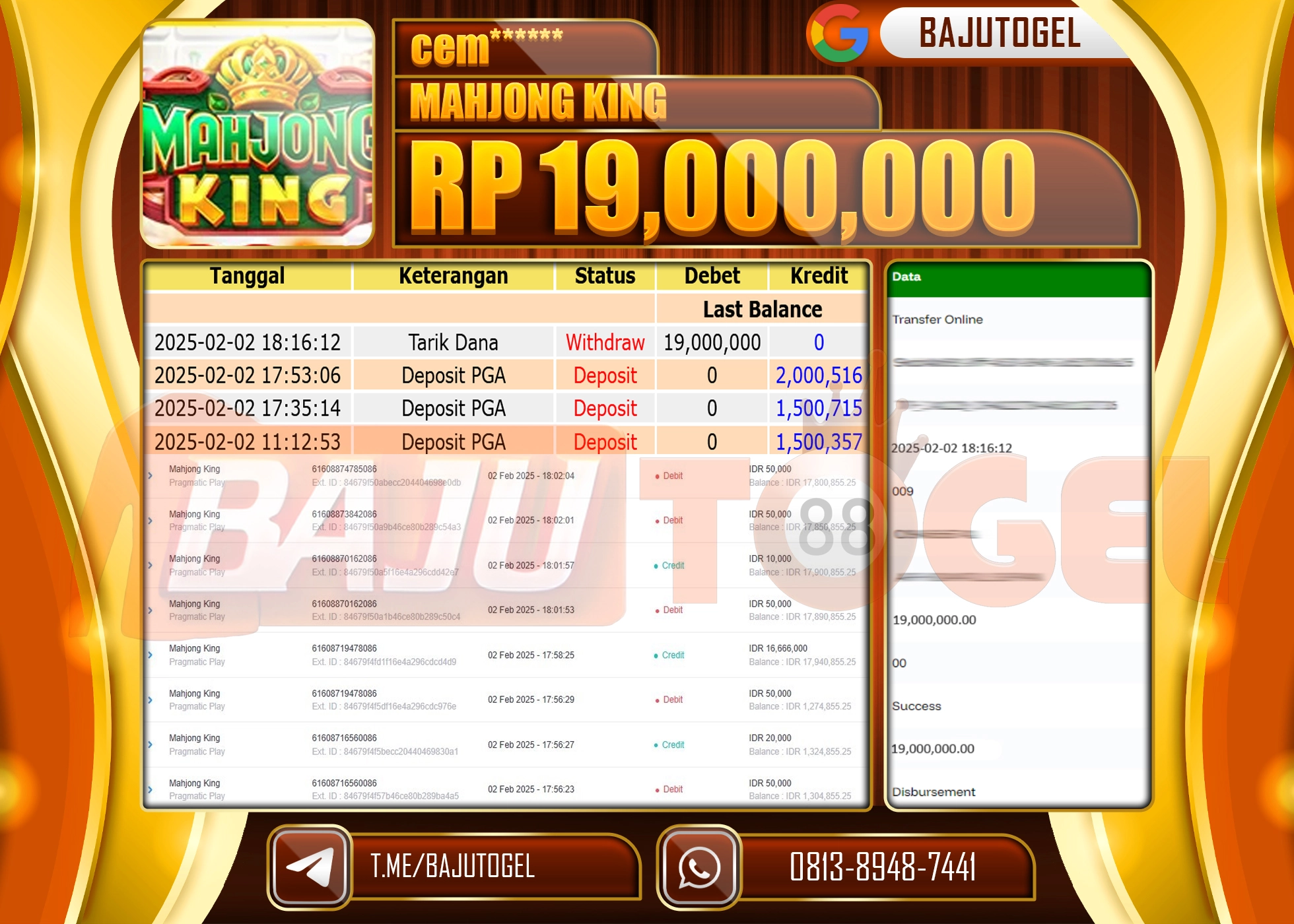 BAJUTOGEL KEMENANGAN MAHJONG KING Rp.19.000.000 LUNAS