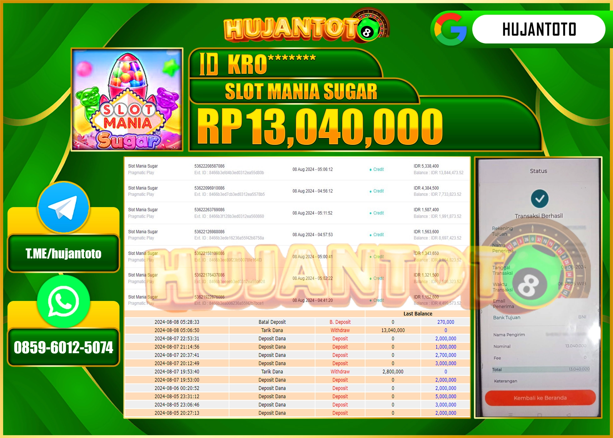 HUJANTOTO MENANG BESAR DI PERMAINAN SLOT PRAGMATIC MANIA SUGAR 13.040.000 - LUNAS 
