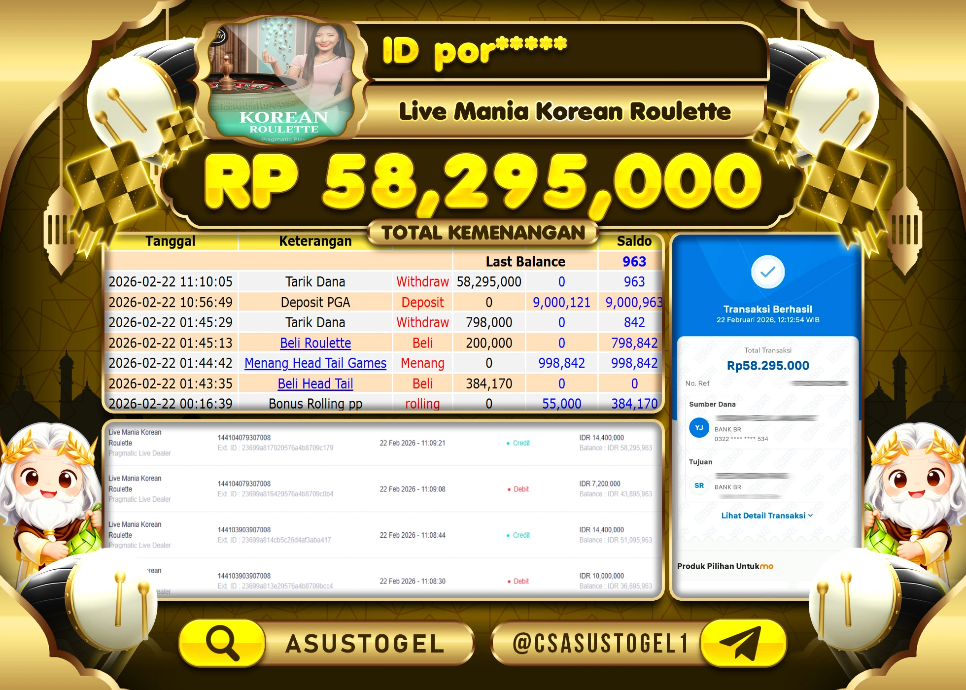 ASUSTOGEL KEMENANGAN DI LIVE MANIA KOREAN ROULETTE SEBESAR 58,295,000 - RUPIAH LUNAS