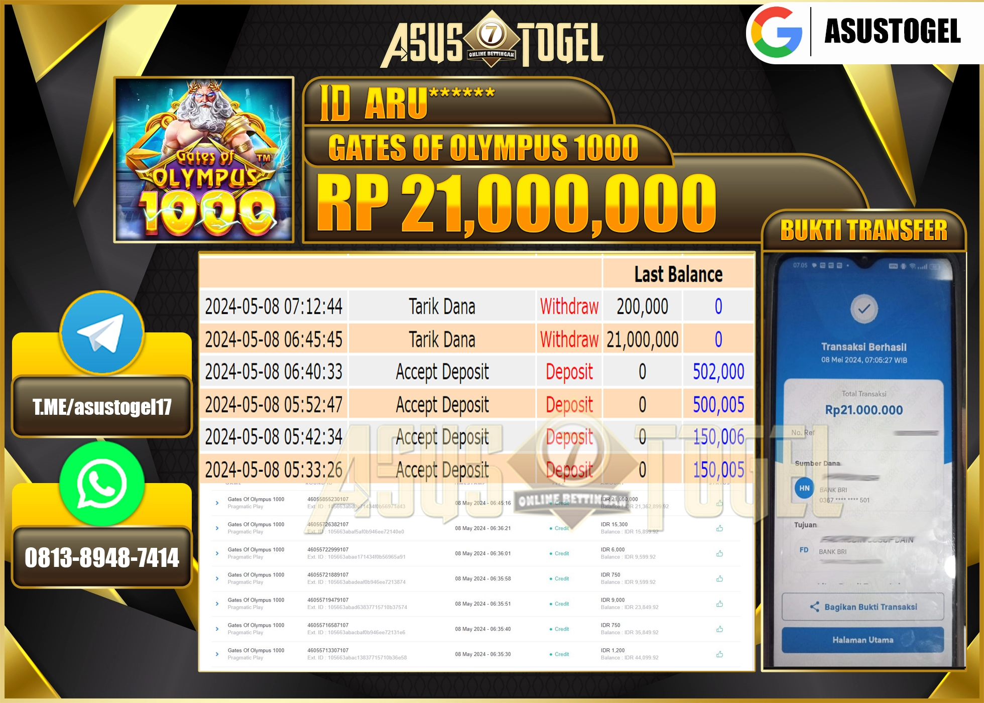 ASUSTOGEL KEMENANGAN BESAR GATES OF OLYMPUS X1000 21.000.000-LUNAS