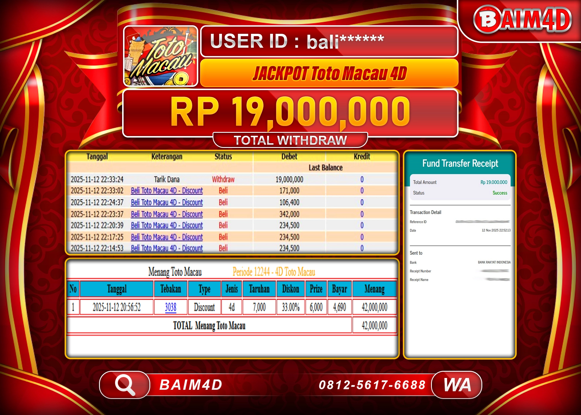 BAIM4D JACKPOT TOGEL TOTO MACAU 4D GAMES Rp.19,000,000 - LUNAS