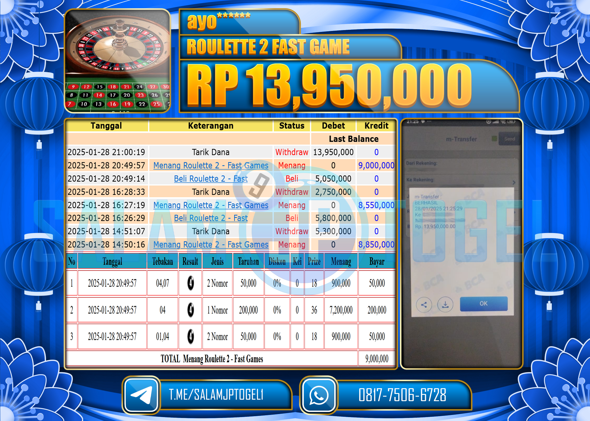 SALAMJPTOGEL MENANG ROULETTE 2 FAST GAME Rp.13,950,000 LUNAS