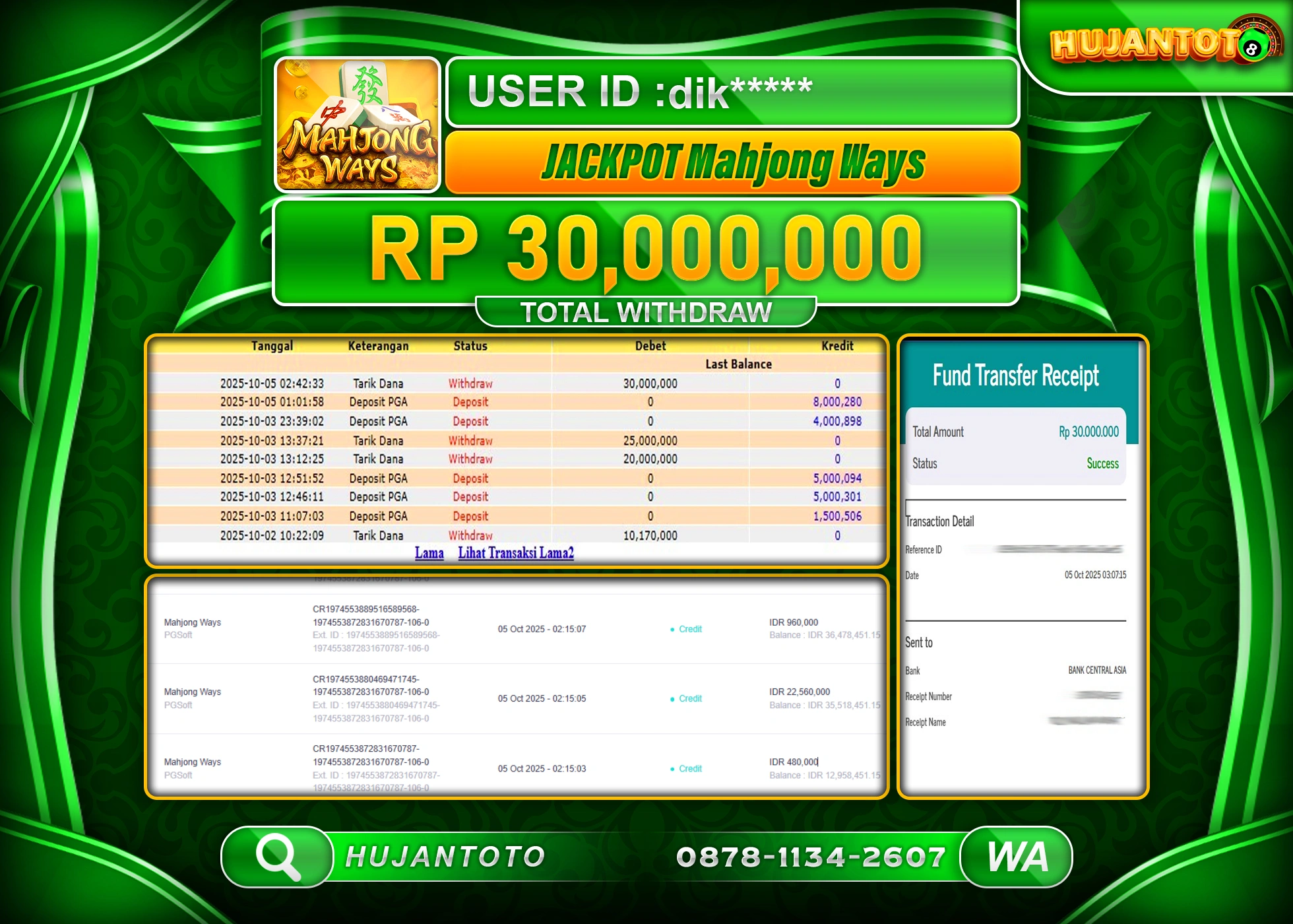 HUJANTOTO - BUKTI JACKPOT MENANG SLOT MAHJONG WAYS Rp.30,000,000 - TERBAYAR LUNAS
