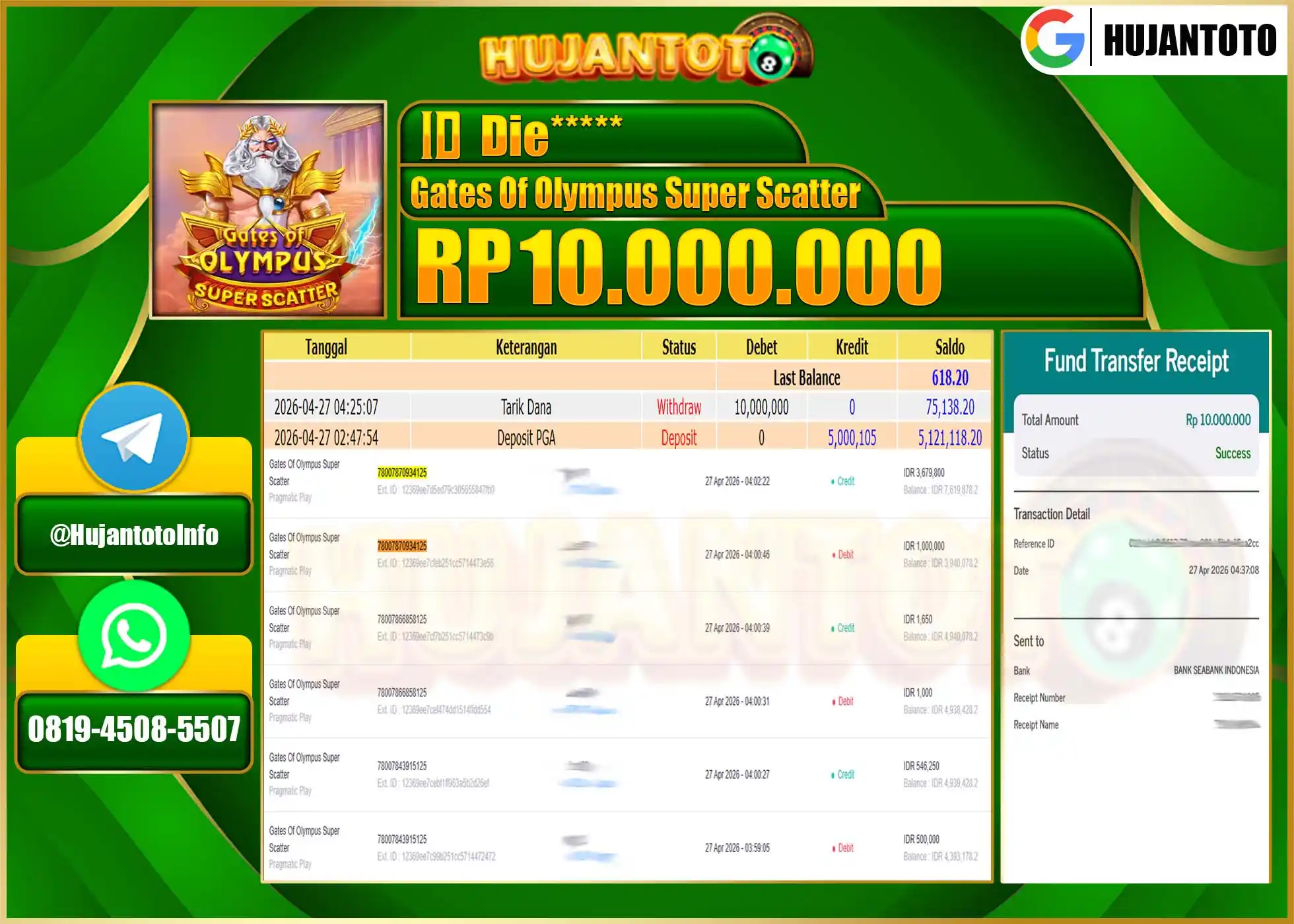 HUJANTOTO - BUKTI JACKPOT MENANG SLOT GATES OF OLYMPUS SUPER SCATTER Rp.10,000,000 - TERBAYAR LUNAS