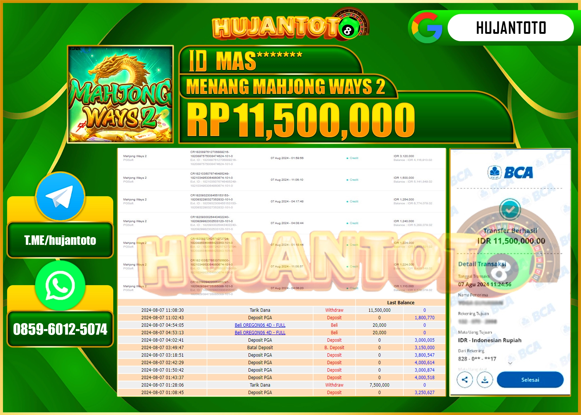 HUJANTOTO MENANG BESAR DI PERMAINAN SLOT MAHJONG WAYS 2 PG SOFT 11.500.000 - LUNAS 