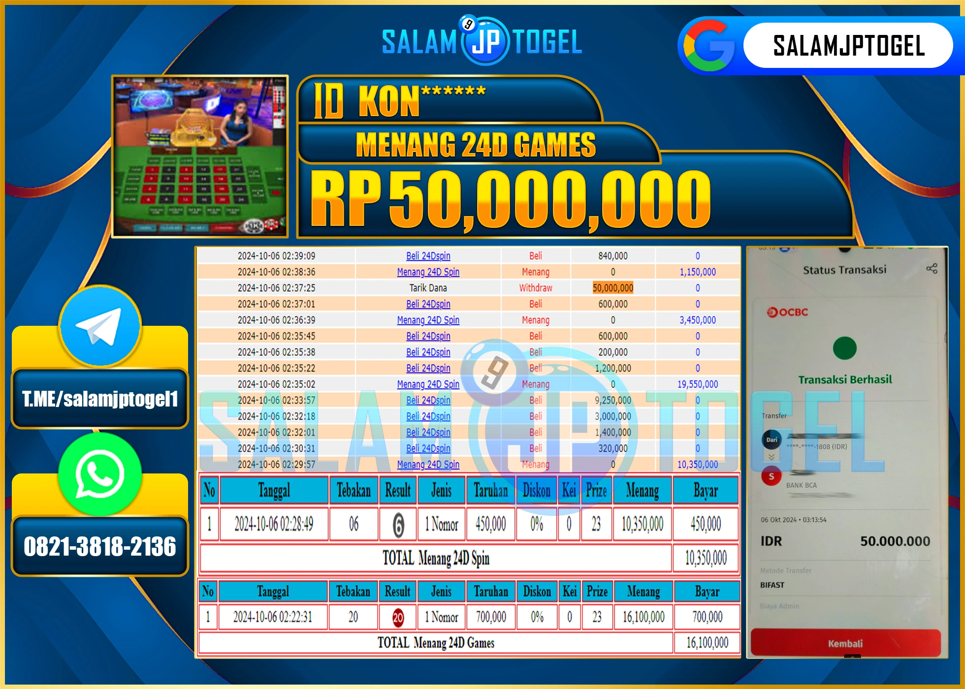 SALAMJPTOGEL MENANG LIVEGAMES ROULETTE GAMES RP. 50,000,000 LUNAS