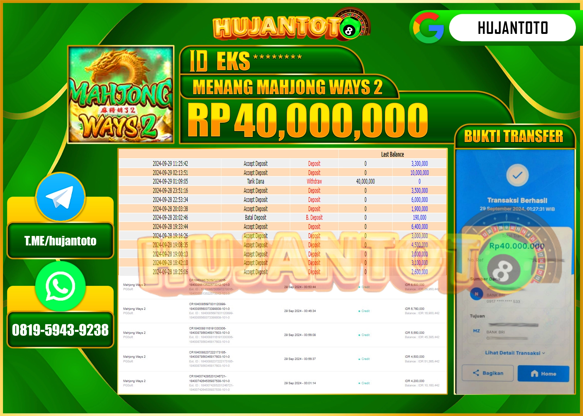 HUJANTOTO MENANG BESAR DI PERMAINAN MENANG MAHJONG WAYS 2 - 40.000,000 - LUNAS 