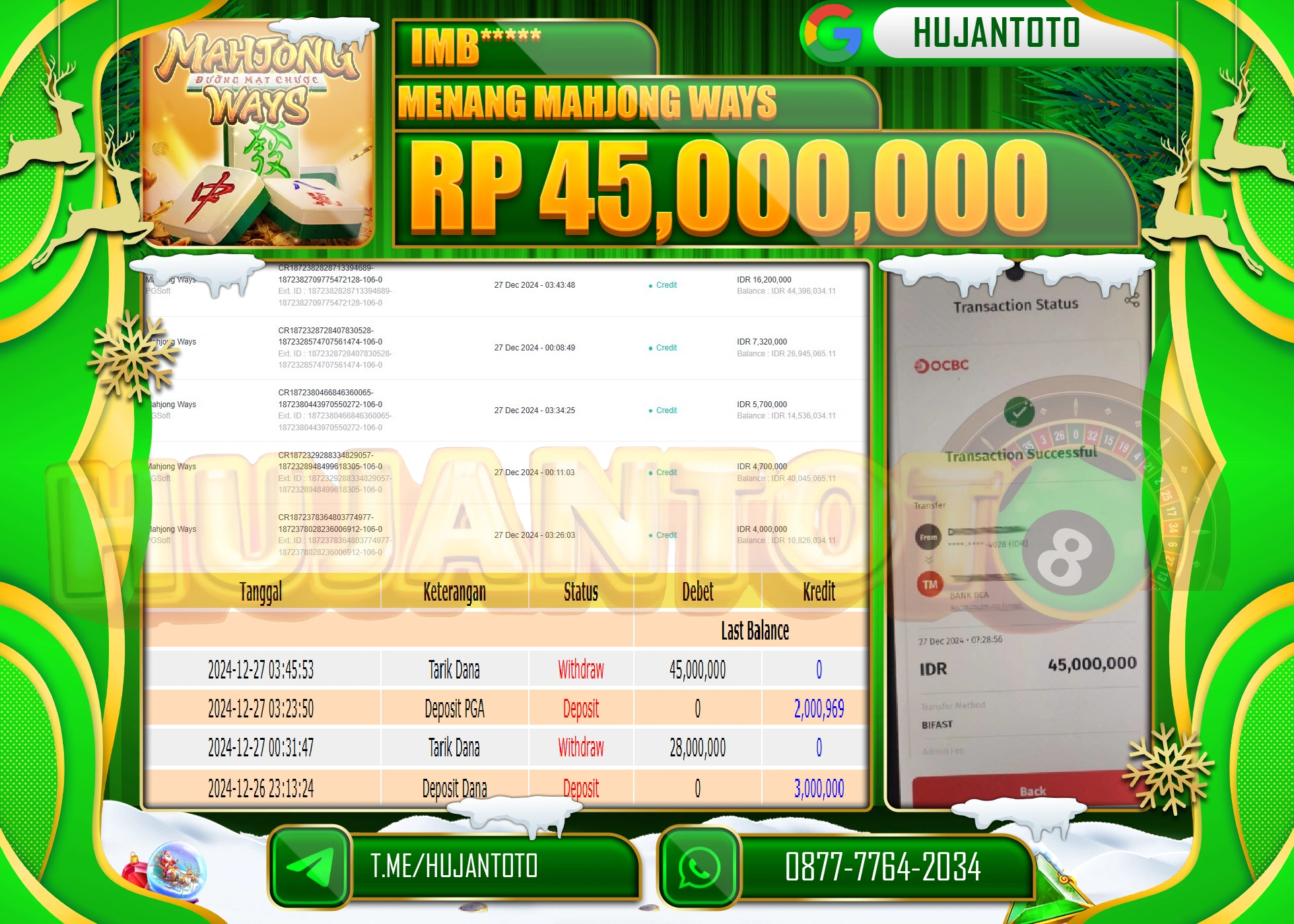 HUJANTOTO SELAMAT ATAS KEMENANGAN YANG DI RAIH DI PERMAINAN SLOT MAHJONG WAYS SEBESAR 45,000,000 - TERBAYAR LUNAS