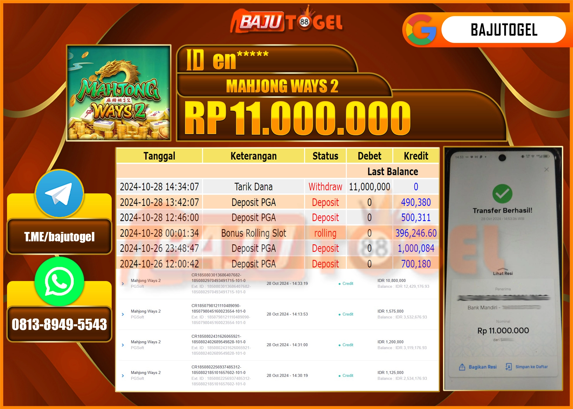 BAJUTOGEL JACKPOT MAHJONG WAYS 2 Rp 11,000,000 LUNAS