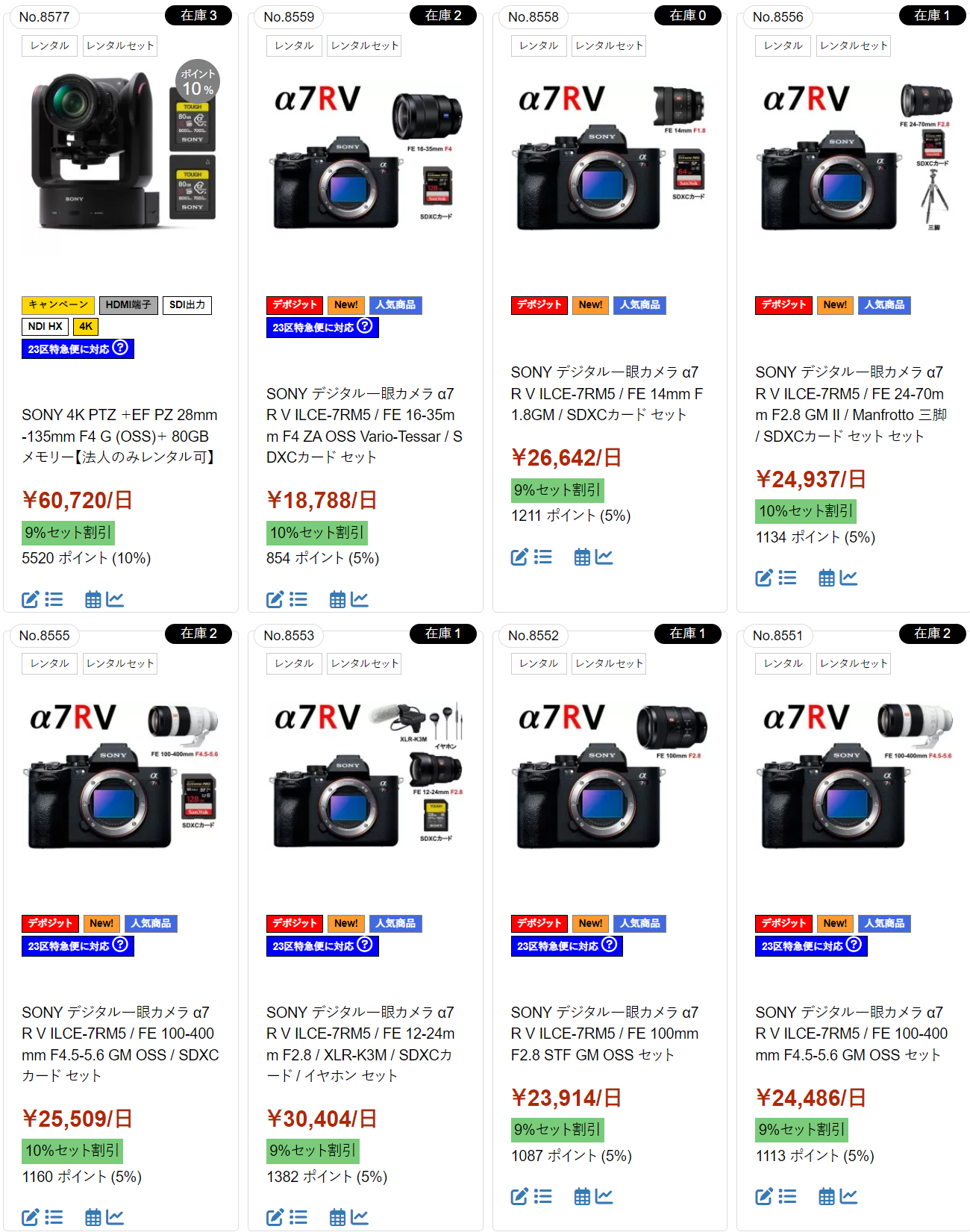 「α7R V」のカメラボディと、24-70mm F2.8 GM II、100-400mm GM、14mm F1.8 GMといった多彩なG Masterレンズ、さらには三脚やメモリーカードを組み合わせた8種類のセット商品。それぞれの1日あたりのレンタル料金、在庫状況、セット割引率が一覧で表示されている。