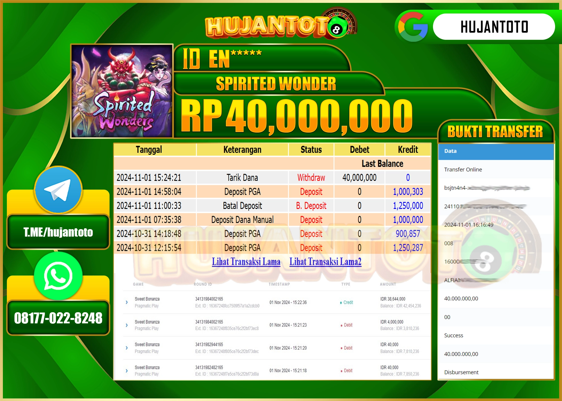 HUJANTOTO MENANG DI PERMAINAN SPIRITED WONDER - 40,000,000 - LUNAS