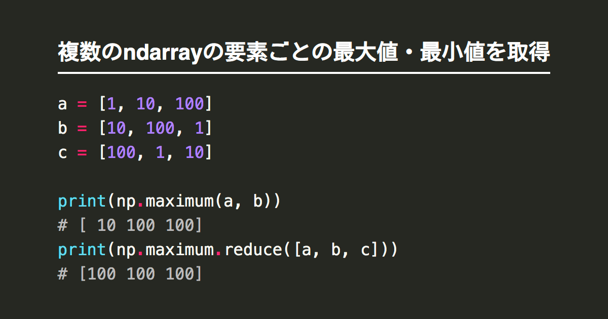 複数のnumpy配列ndarrayの要素ごとの最大値 最小値を取得 Note Nkmk Me