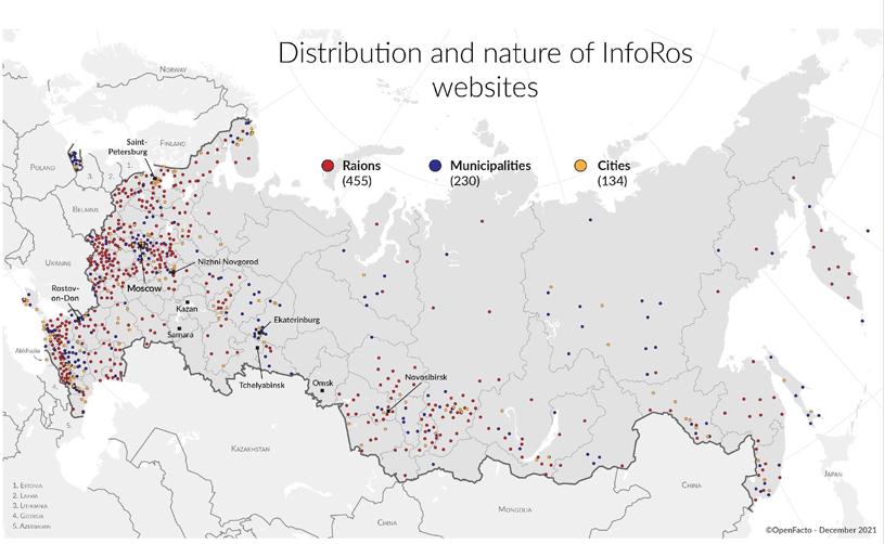 A map showing the listed location of websites identified as under GRU control.