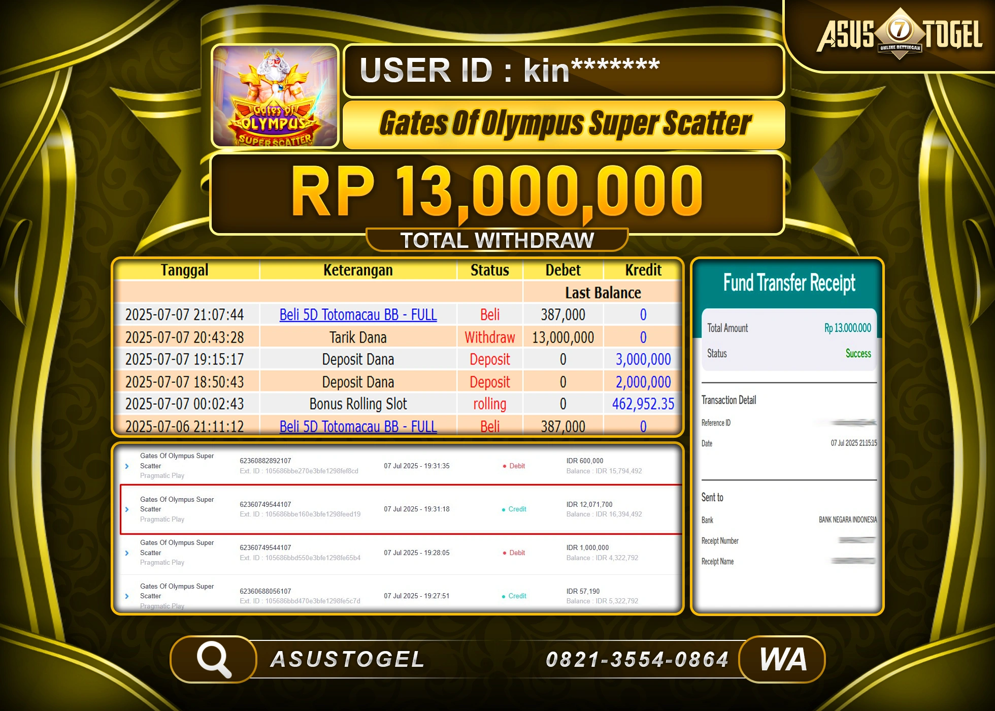 ASUSTOGEL KEMENANGAN DI SLOT GATES OF OLYMPUS SUPER SCATTER SEBESAR 13,000,000- RUPIAH LUNAS