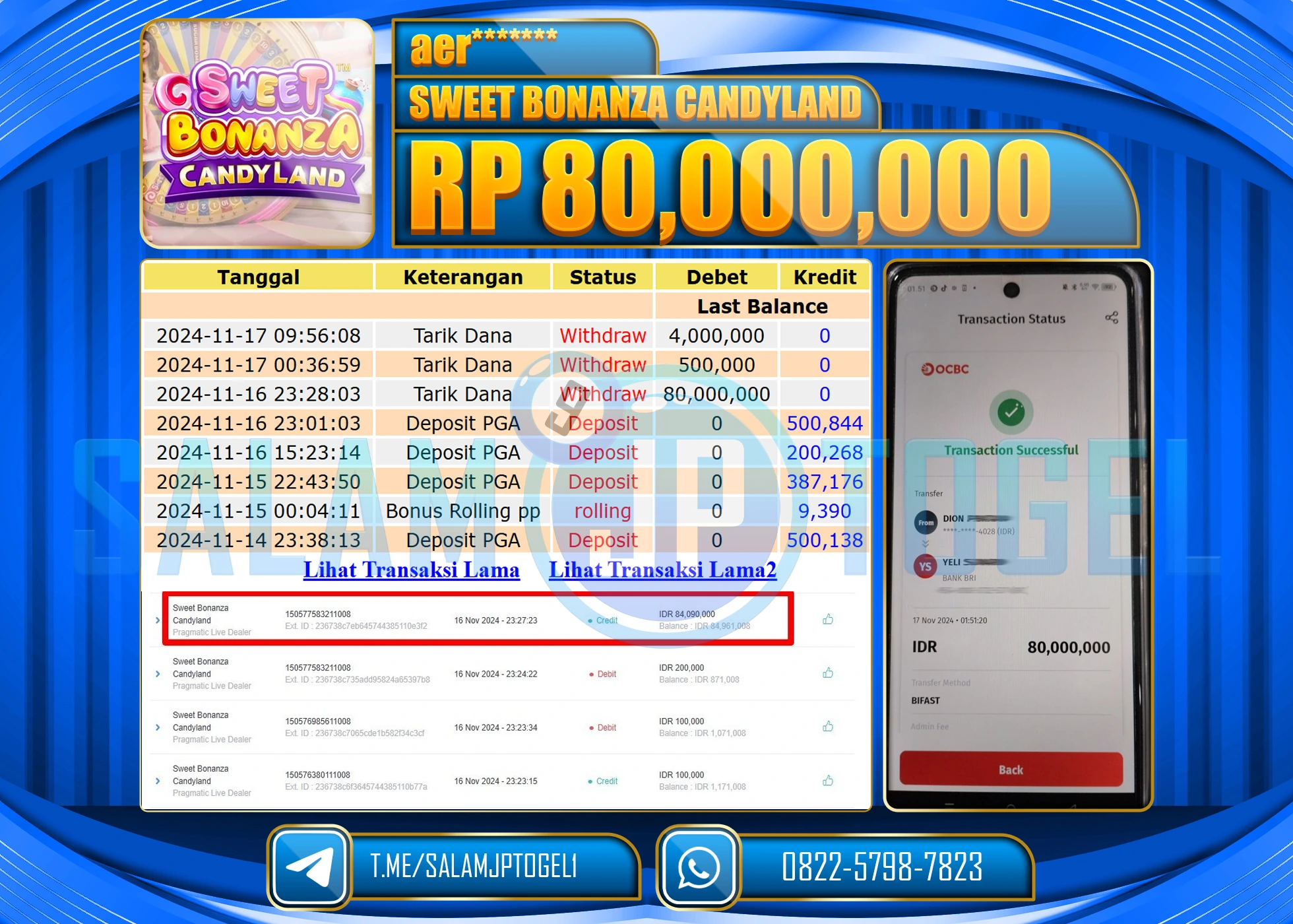 SALAMJPTOGEL MENANG SWEET BONANZA RP. 80,000,000 LUNAS
