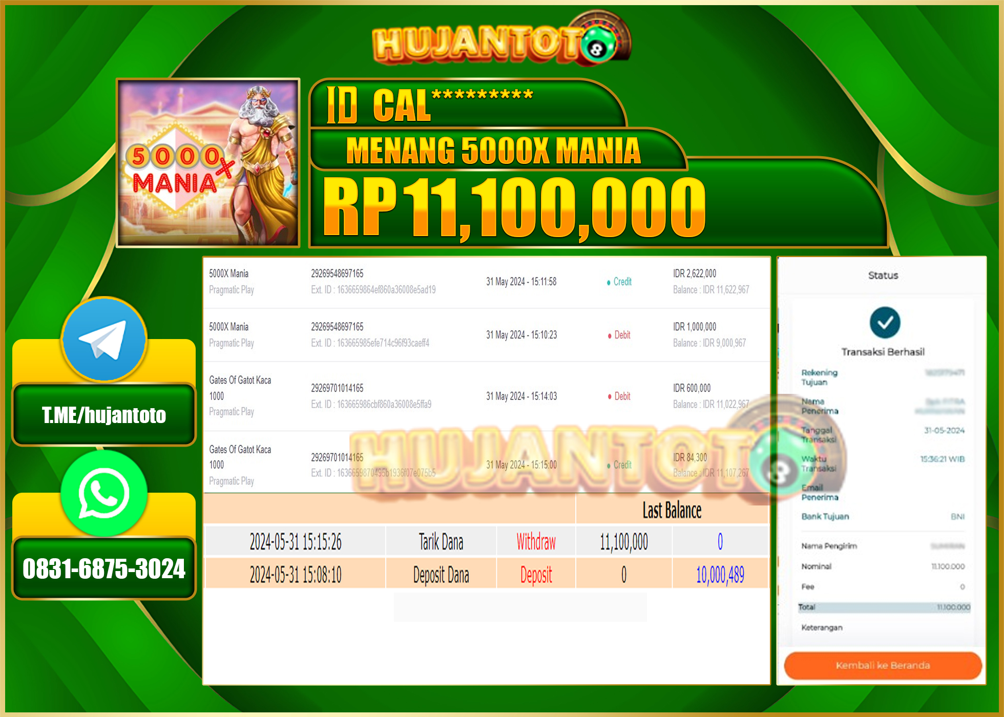 HUJANTOTO MENANG SLOT 5000X MANIA 11,100,000 - LUNAS