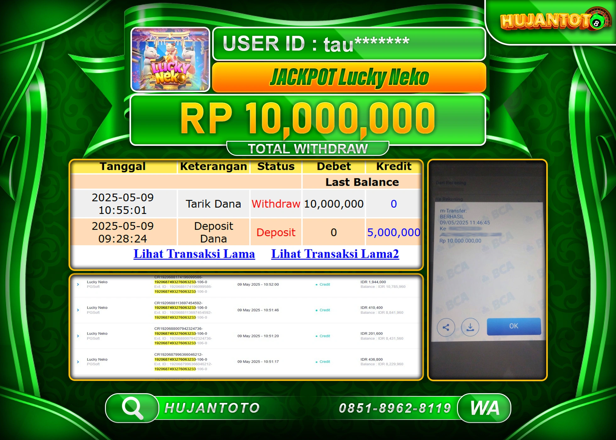 HUJANTOTO - BUKTI JACKPOT MENANG SLOT PG SOFT LUCKY NEKO Rp,10,000,000- TERBAYAR LUNAS