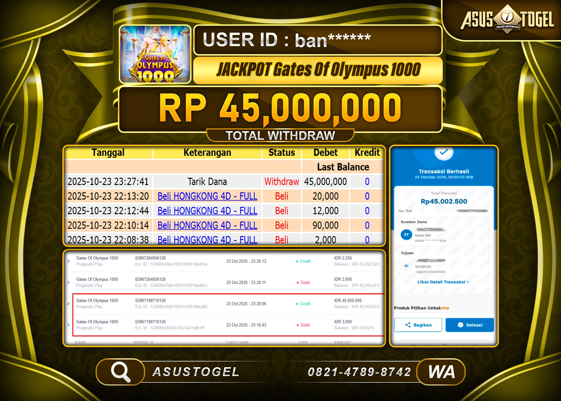 ASUSTOGEL KEMENANGAN DI SLOT GATES OF OLYMPUS 1000 SEBESAR 45,000,000- RUPIAH LUNAS !