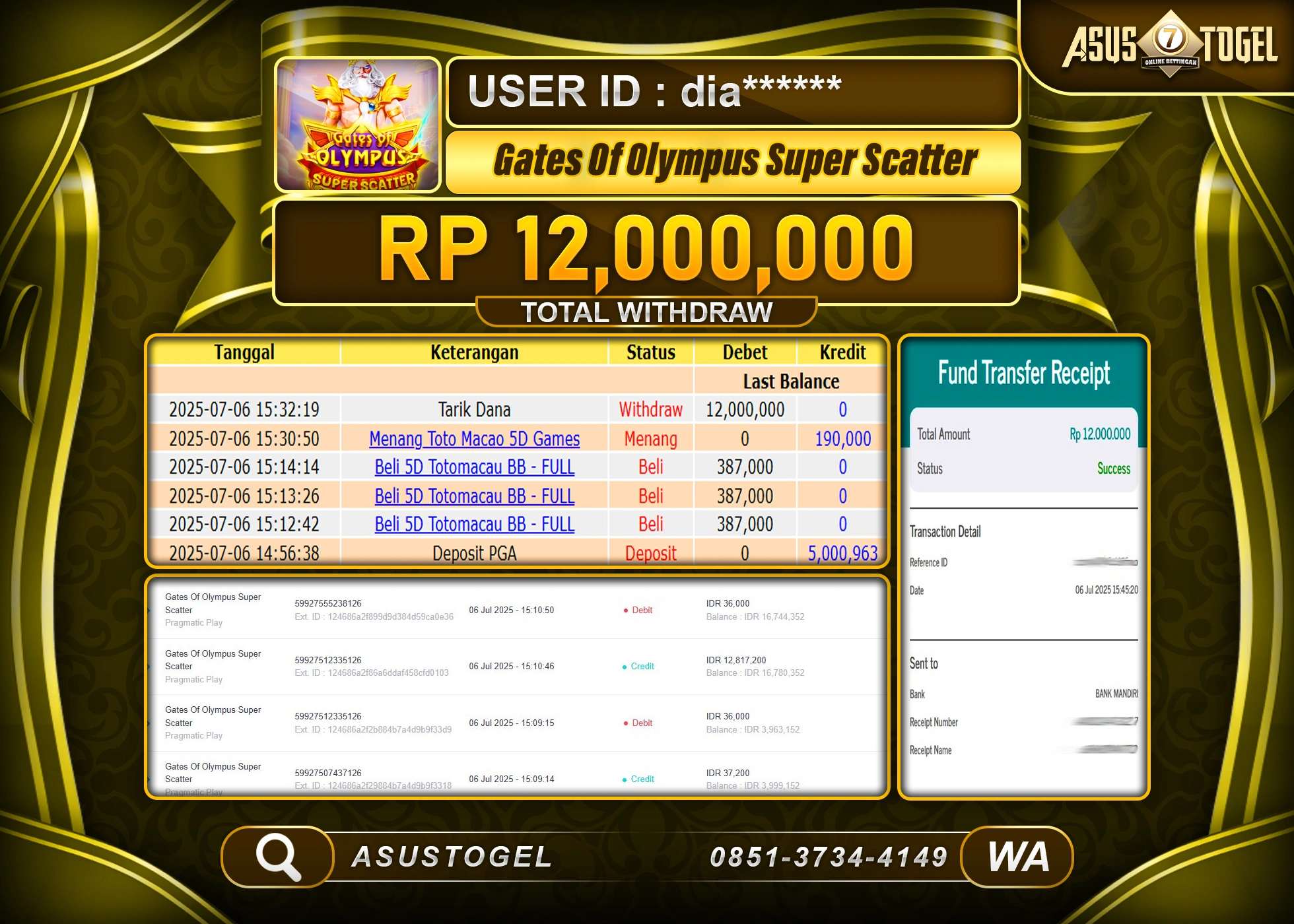 ASUSTOGEL KEMENANGAN DI SLOT GATE OF OLYMPUS SUPER SCATTER SEBESAR 12,000,000- RUPIAH LUNAS