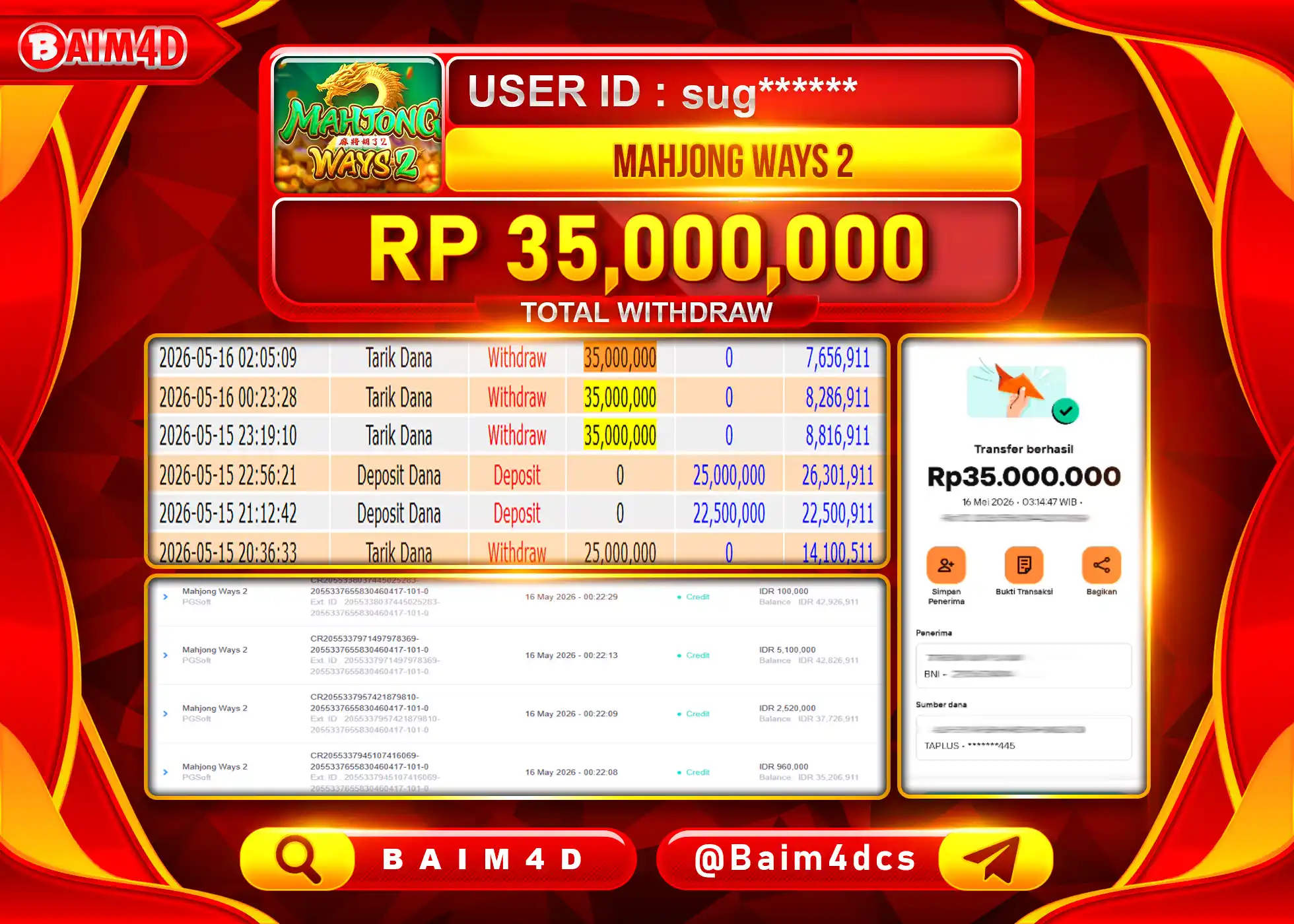 BAIM4D JACKPOT SLOT MAHJONG WAYS 2 Rp.35,000,000 - LUNAS