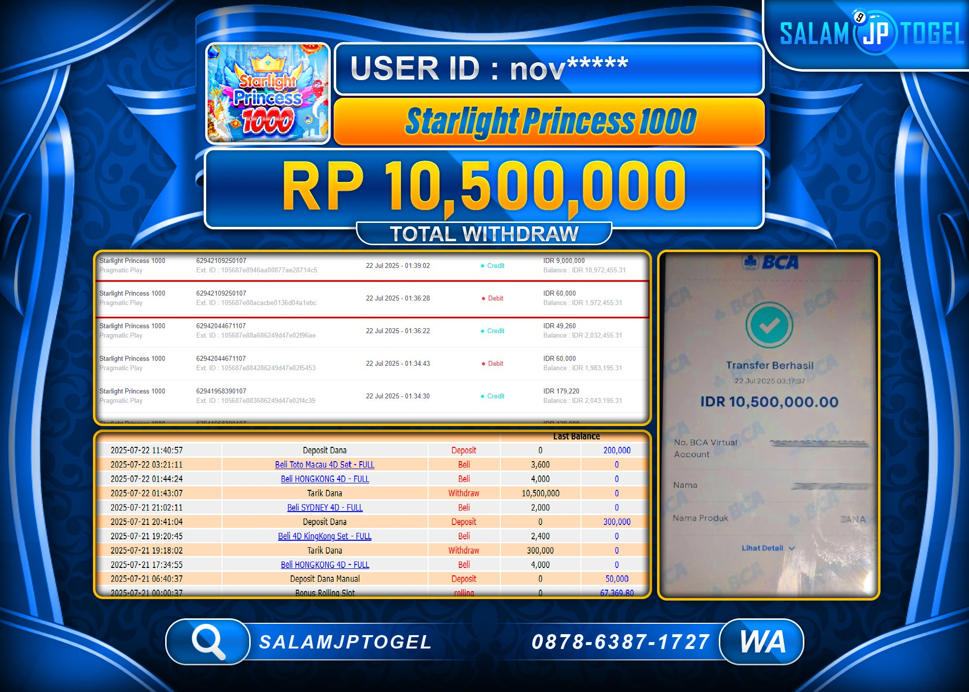 SALAMJPTOGEL MENANG STARLIGHT PRINCESS 1000 Rp.10,500,000
