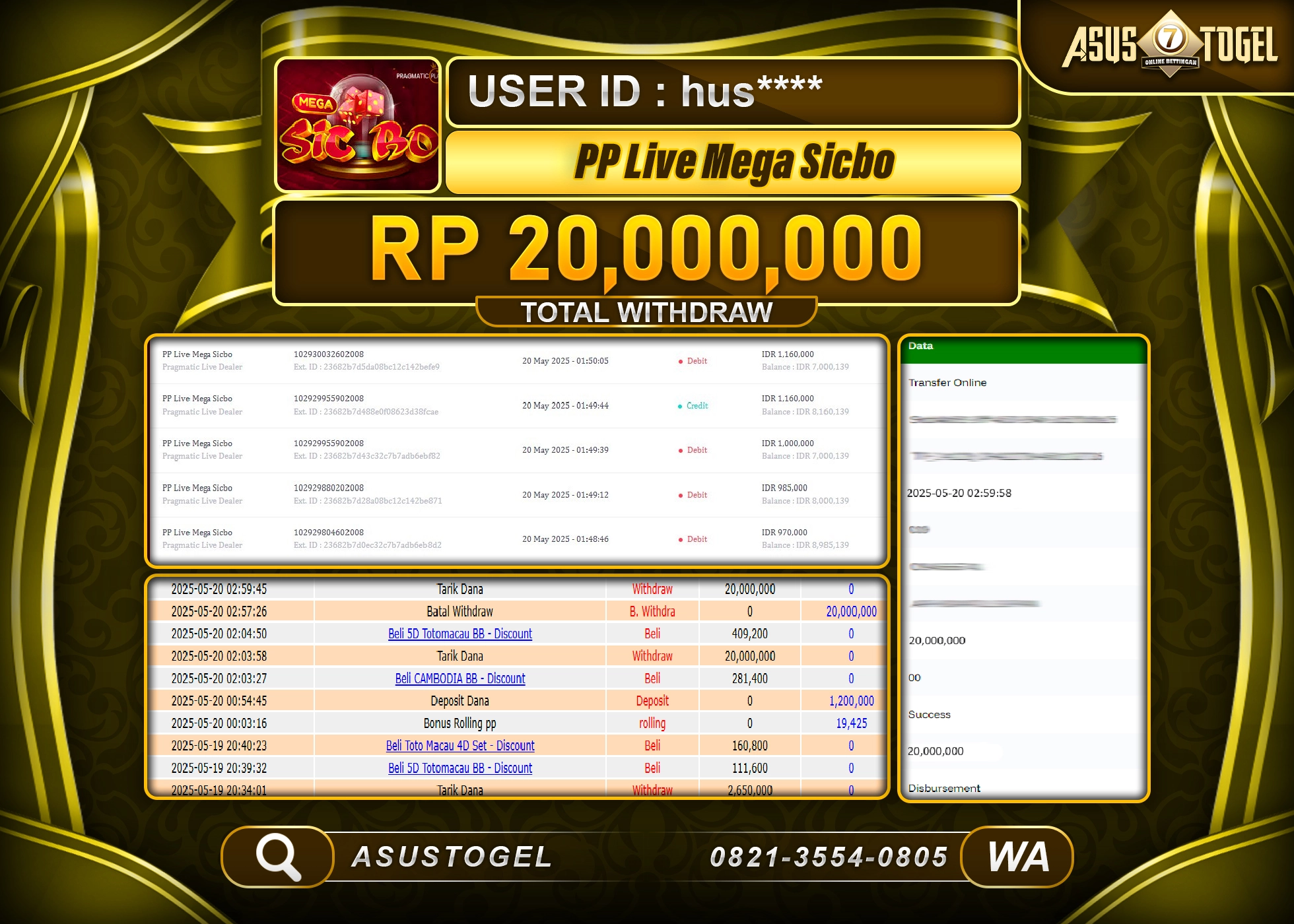  ASUSTOGEL KEMENANGAN DI LIVE PP MEGA SICBO MANIA SEBESAR 20,000,000- RUPIAH LUNAS