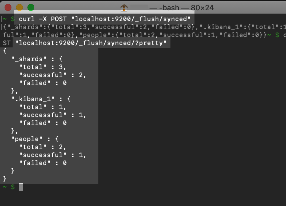 A screenshot in terminal of a command to initiate a sync flush of an Elasticsearch cluster using a POST HTTP request with the "?pretty" option