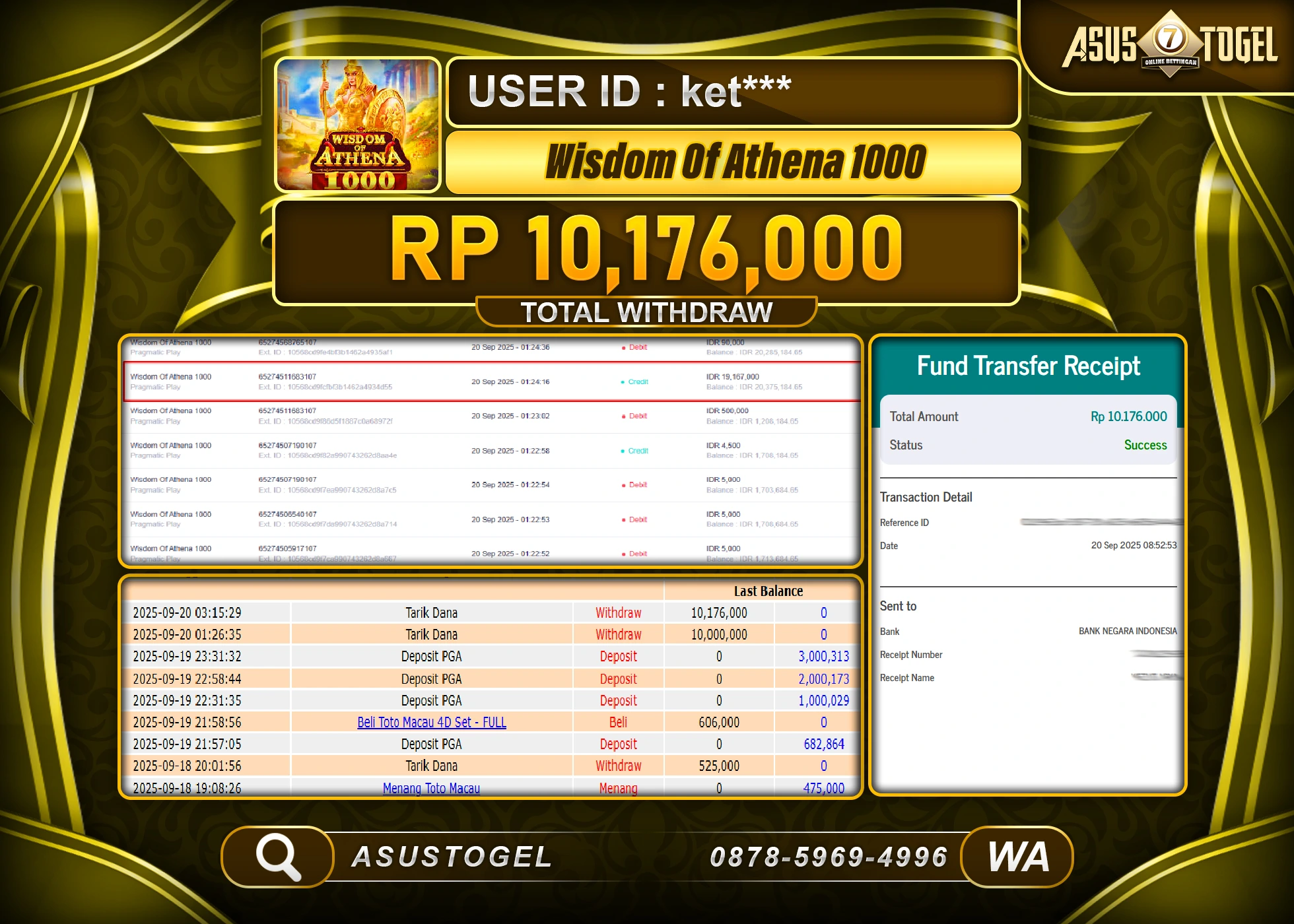 ASUSTOGEL KEMENANGAN DI SLOT WISDOM OF ATHENA 1000 SEBESAR 10,176,000- RUPIAH LUNAS
