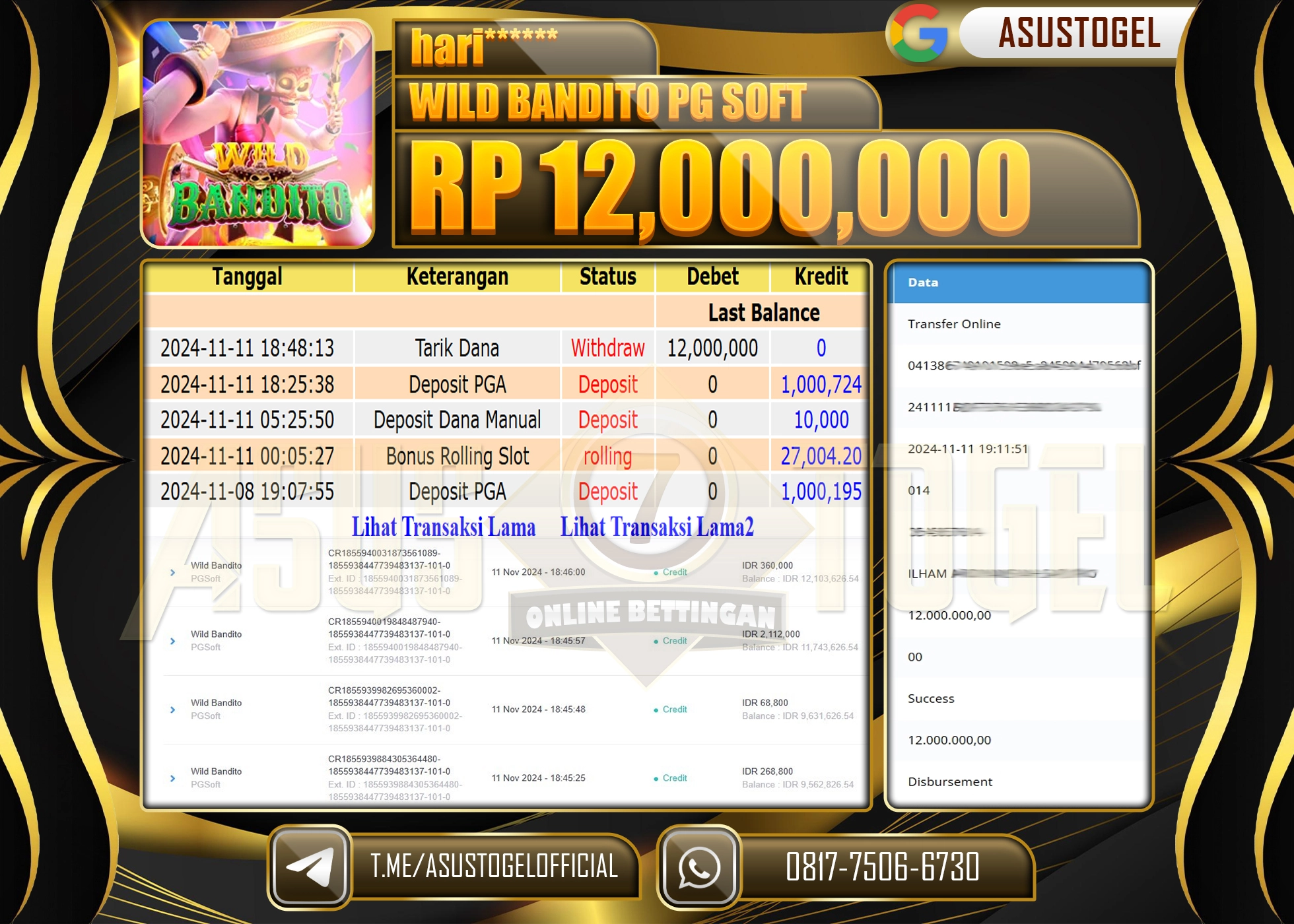 ASUSTOGEL KEMENANGAN DI SLOT WILD BONDITO PG SOFT SEBESAR 12,000,000- RUPIAH LUNAS