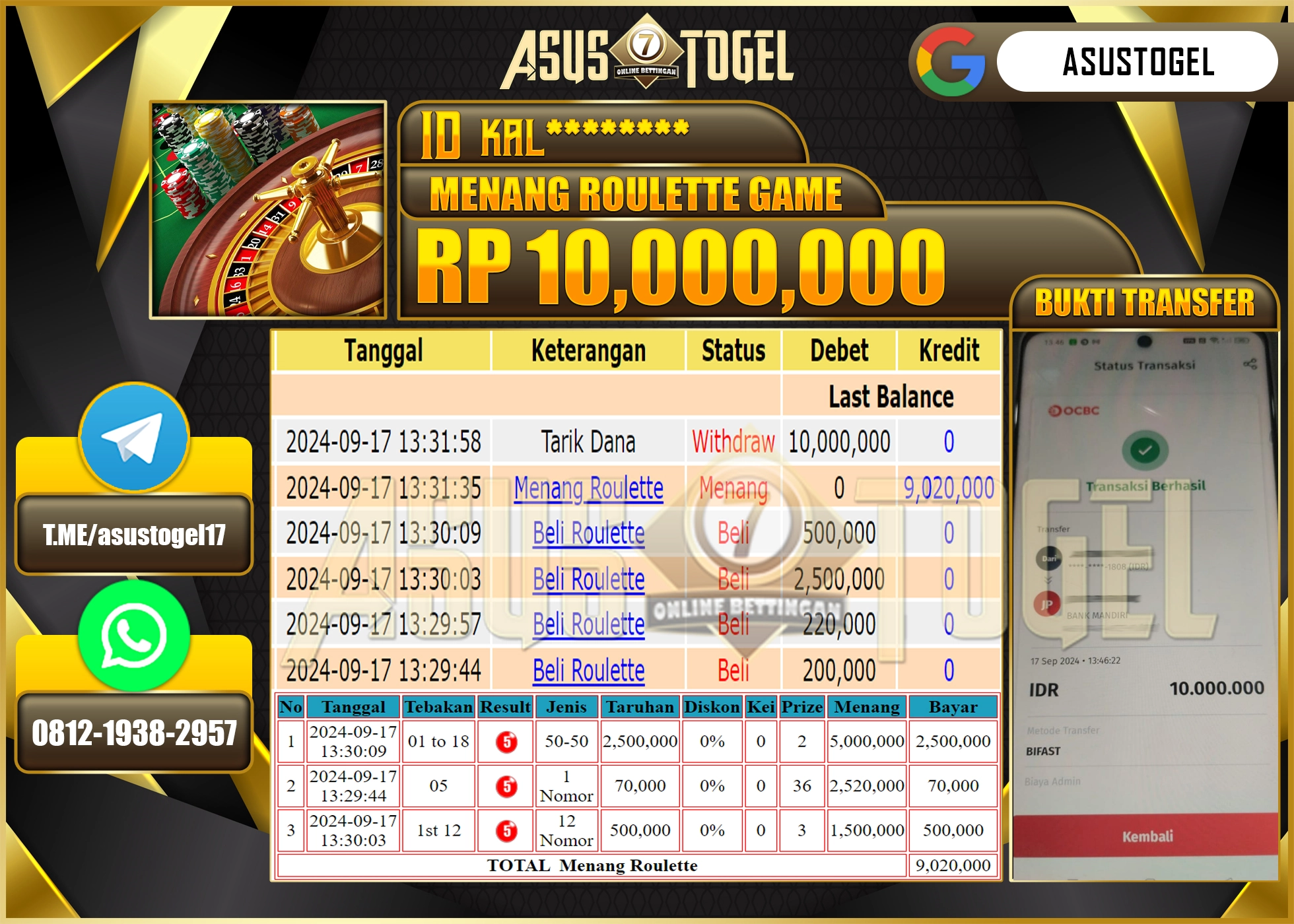 ASUSTOGEL KEMENANGAN DI LIVEGAME ROULETTE GAMES SEBESAR  10,000,000- RUPIAH LUNAS