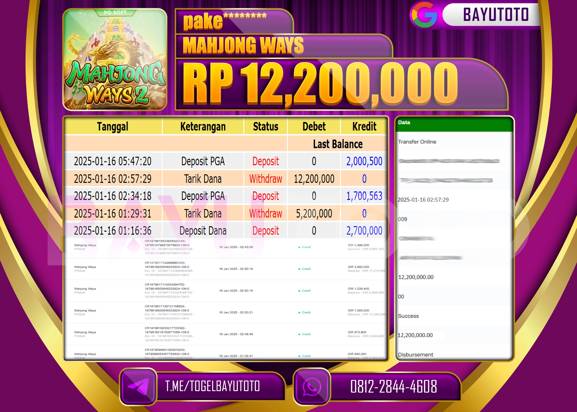 BAYUTOTO JACKPOT  DI  SLOT MAHJONG WAYS PG SOFT Rp.12.200.000 LUNAS