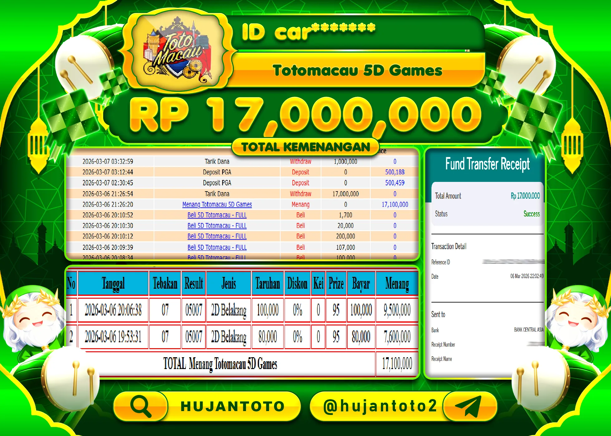 HUJANTOTO - BUKTI JACKPOT MENANG TOGEL TOTO MACAU 5D Rp.17,000,000 - TERBAYAR LUNAS