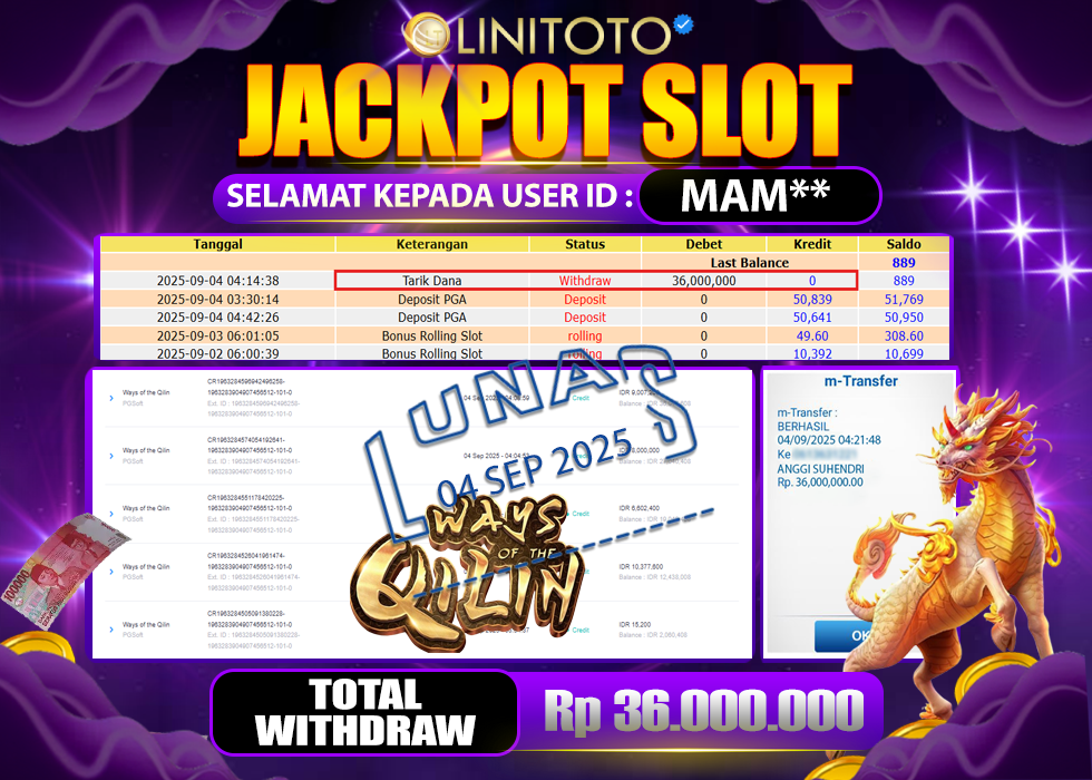 LINITOTO JACKPOT SLOT Ways of the Qilin Rp.36.000.000- LUNAS