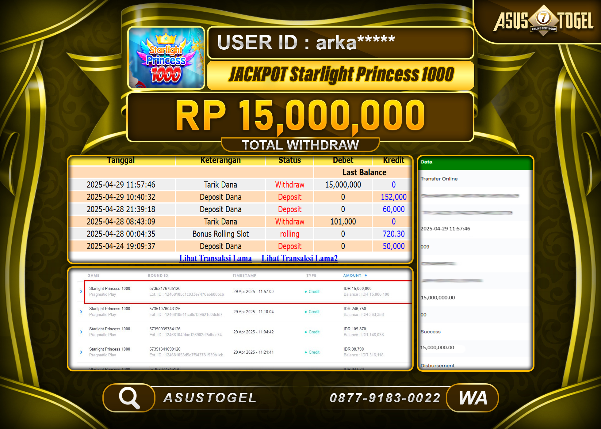 ASUSTOGEL KEMENANGAN DI SLOT STARLIGHT PRINCESS 1000 SEBESAR 15,000,000- RUPIAH LUNAS