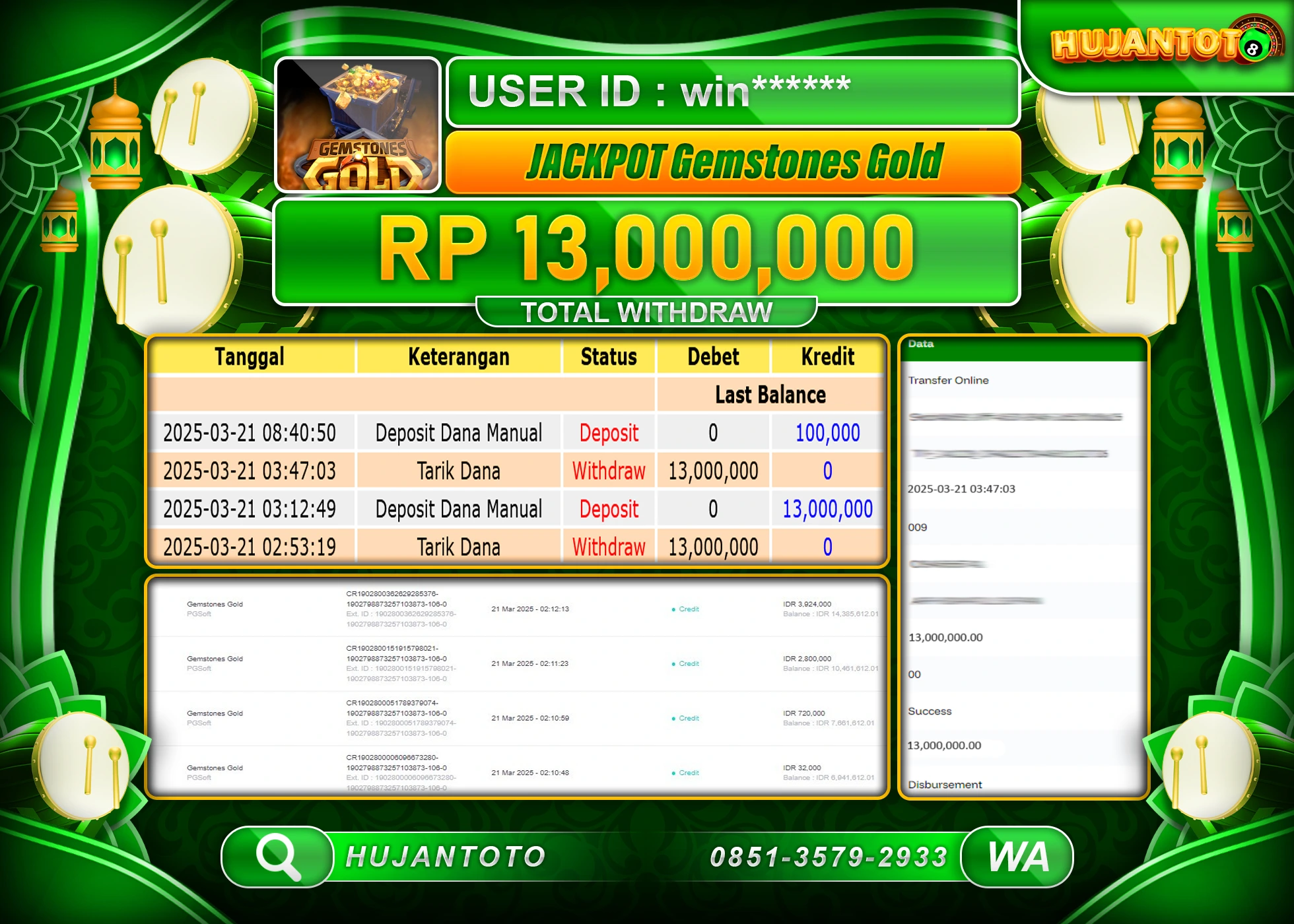 HUJANTOTO - BUKTI JACKPOT MENANG SLOT GEMSTONES GOLD Rp,13,000,000 - TERBAYAR LUNAS
