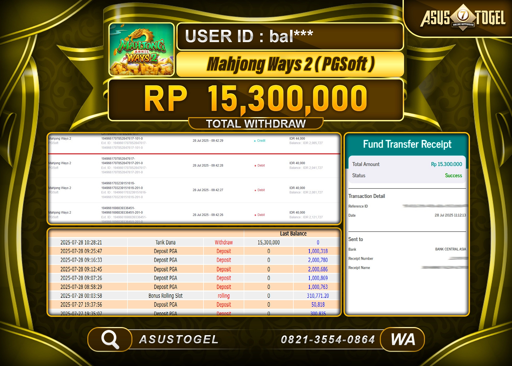 ASUSTOGEL KEMENANGAN DI SLOT MAHJONG WAYS 2 SEBESAR 15,300,000- RUPIAH LUNAS