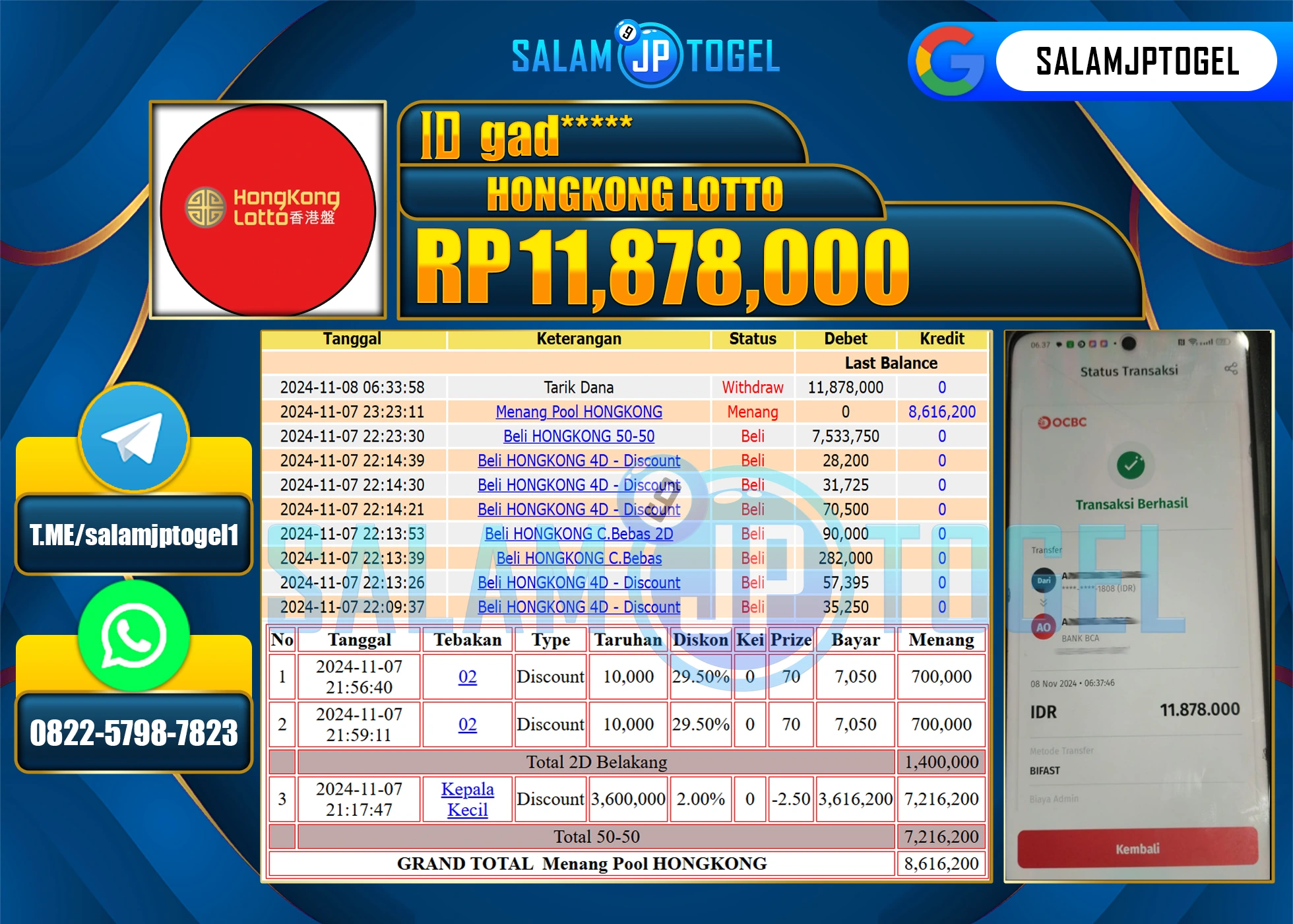 SALAMJPTOGEL MENANG HONGKONG LOTTO  RP. 11,878,000 LUNAS