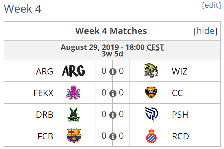 Enfrentamientos del día 29 de agosto de 2019. Fuente: https://liquipedia.net/rocketleague/ESL/Masters_España/Season_6/League_Play Enfrentamientos del día 29 de agosto de 2019. Fuente: https://liquipedia.net/rocketleague/ESL/Masters_España/Season_6/League_Play