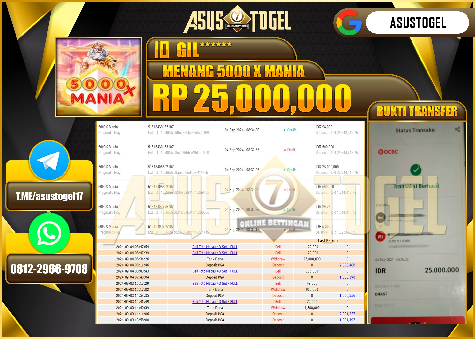 ASUSTOGEL KEMENANGAN DI SLOT GAMES 5000 X MANIA  SEBESAR  25,000,000- RUPIAH LUNAS