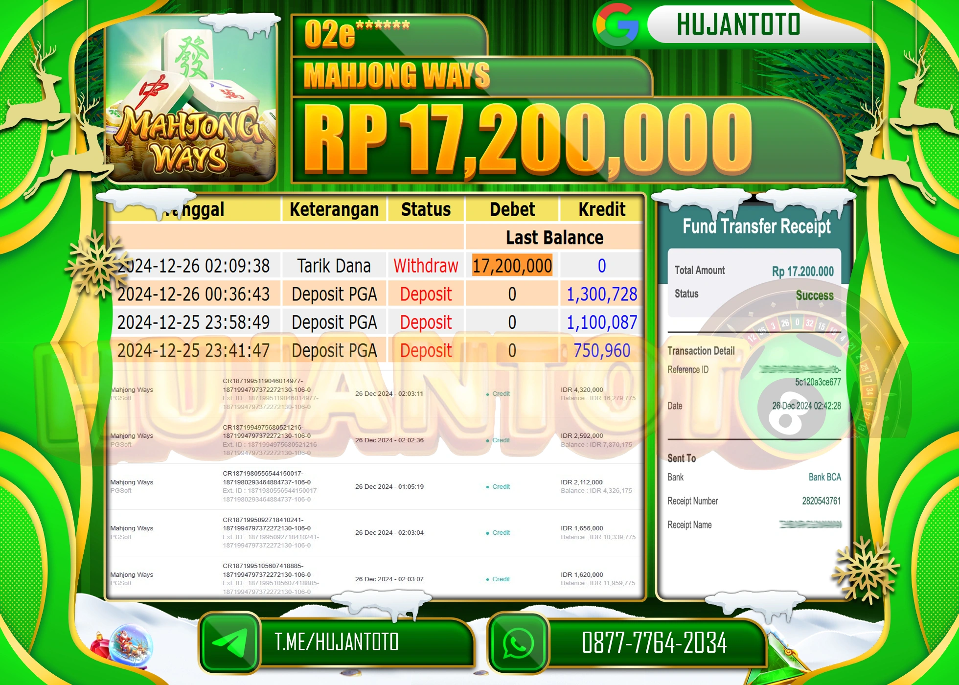 HUJANTOTO SELAMAT ATAS KEMENANGAN YANG DI RAIH DI PERMAINAN MAHJONG WAYS   SEBESAR - 17,200,000 - TERBAYAR LUNAS