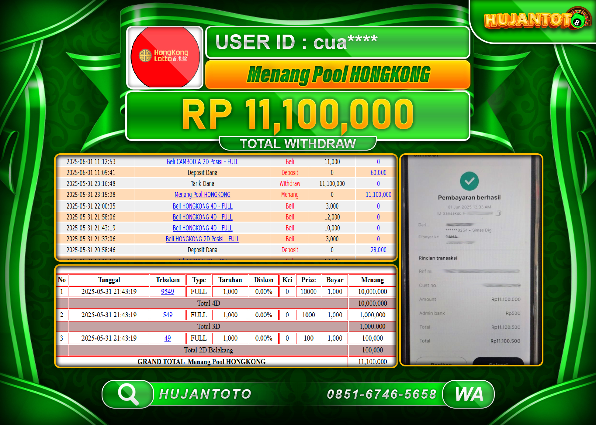   HUJANTOTO - BUKTI JACKPOT MENANG TOGEL HONGKONG LOTTO Rp.11,100,000 - TERBAYAR LUNAS