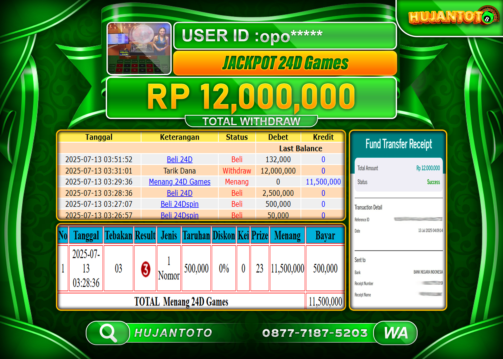 HUJANTOTO - BUKTI JACKPOT MENANG LIVEGAME 24D GAMES Rp.12,000,000 - TERBAYAR LUNAS