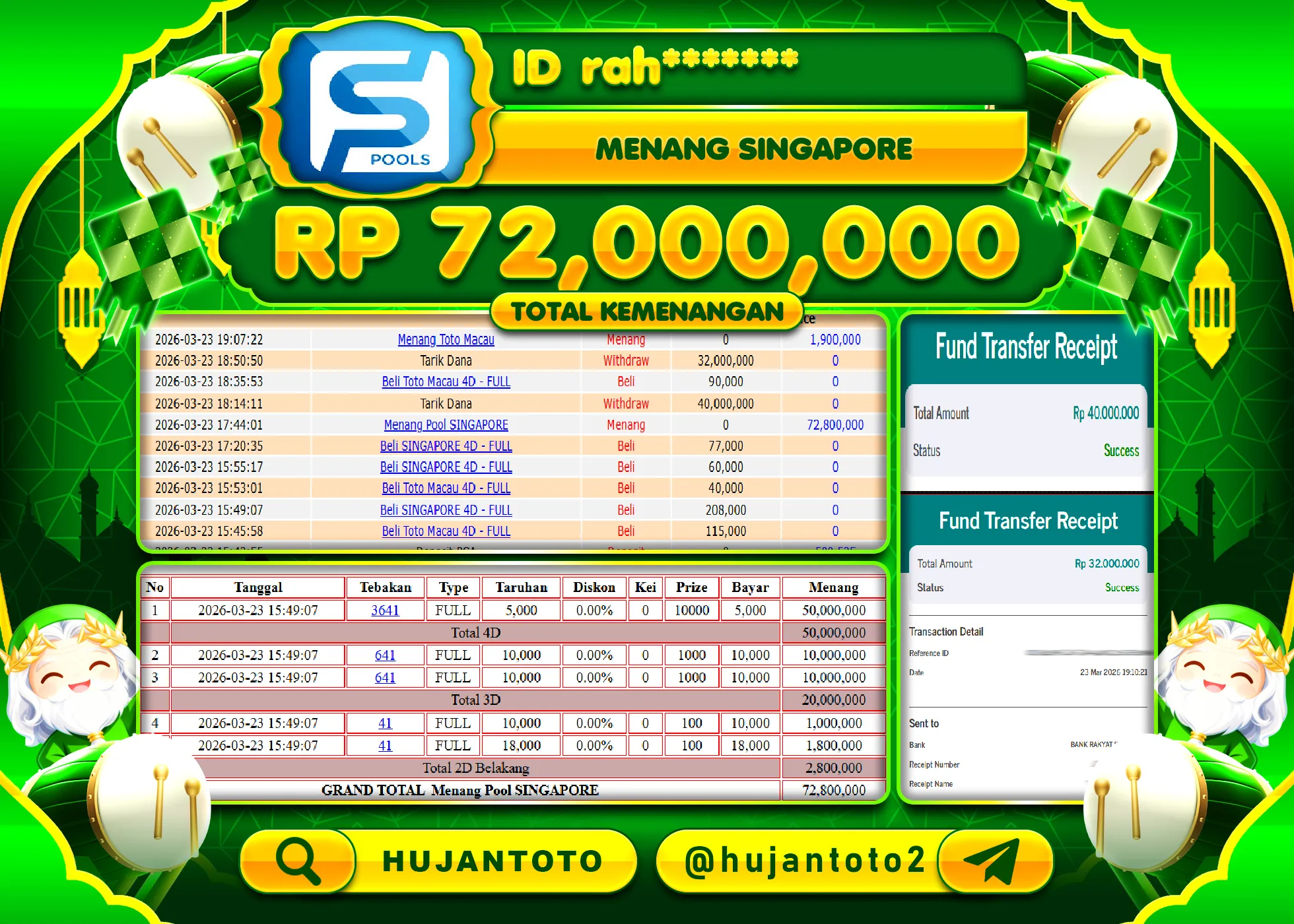 HUJANTOTO - BUKTI JACKPOT MENANG TOGEL SINGAPORE POOLS Rp.72,000,000 - TERBAYAR LUNAS
