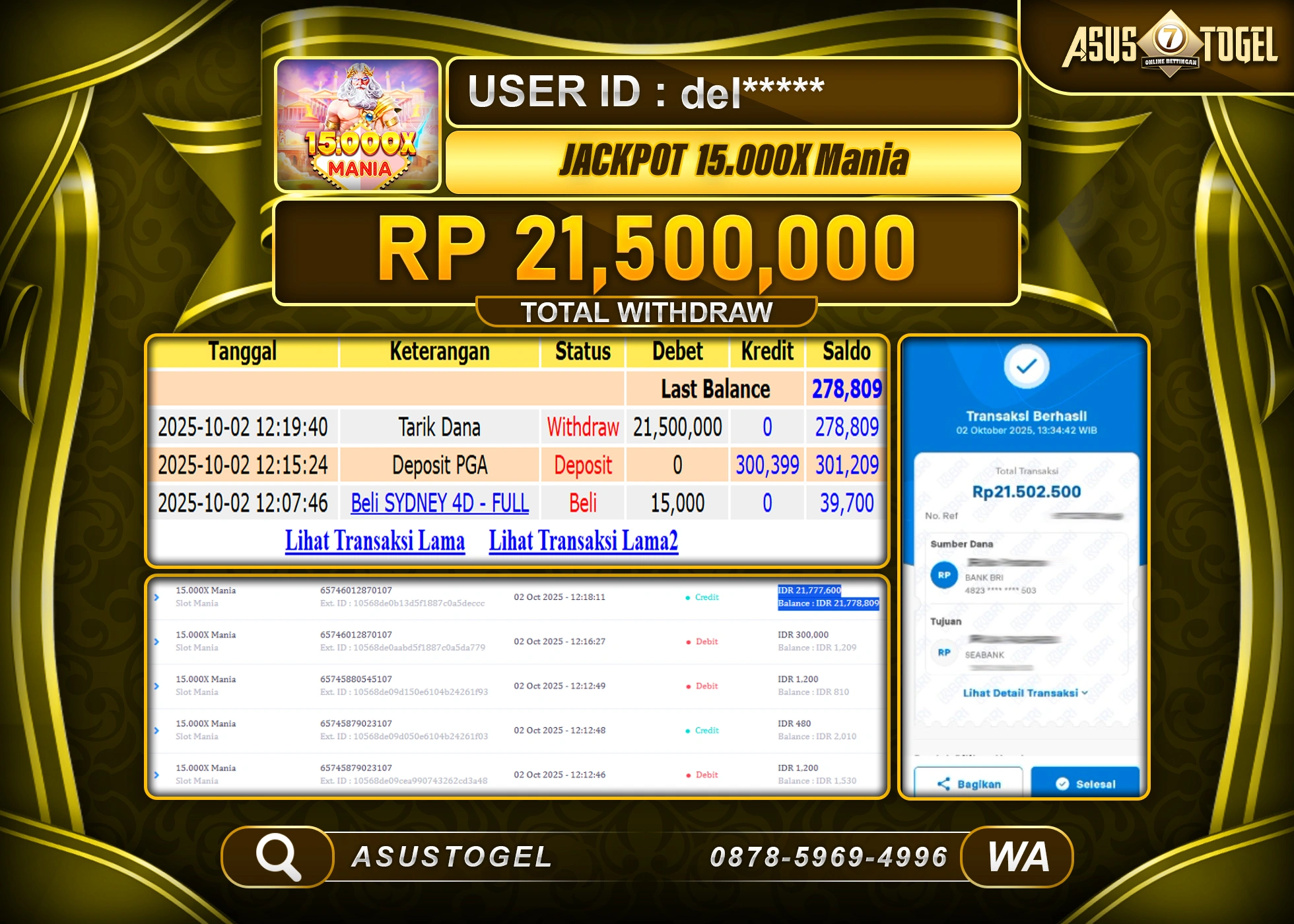 ASUSTOGEL KEMENANGAN DI SLOT 15.000X MANIA  SEBESAR 21,500,000- RUPIAH LUNAS
