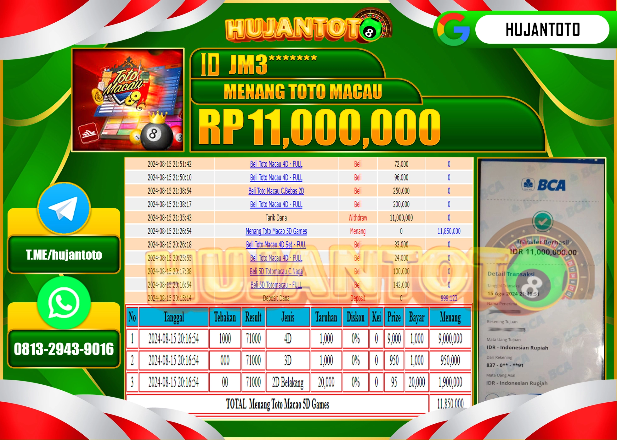 HUJANTOTO MENANG BESAR DI PERMAINAN TOGEL TOTO MACAU 4D  11.000.000  - LUNAS 
