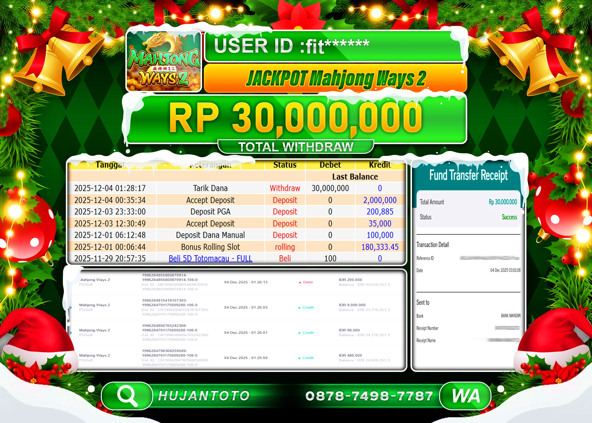 HUJANTOTO - BUKTI JACKPOT MENANG MAHJONG WAYS 2 Rp.30,000,000 - TERBAYAR LUNAS