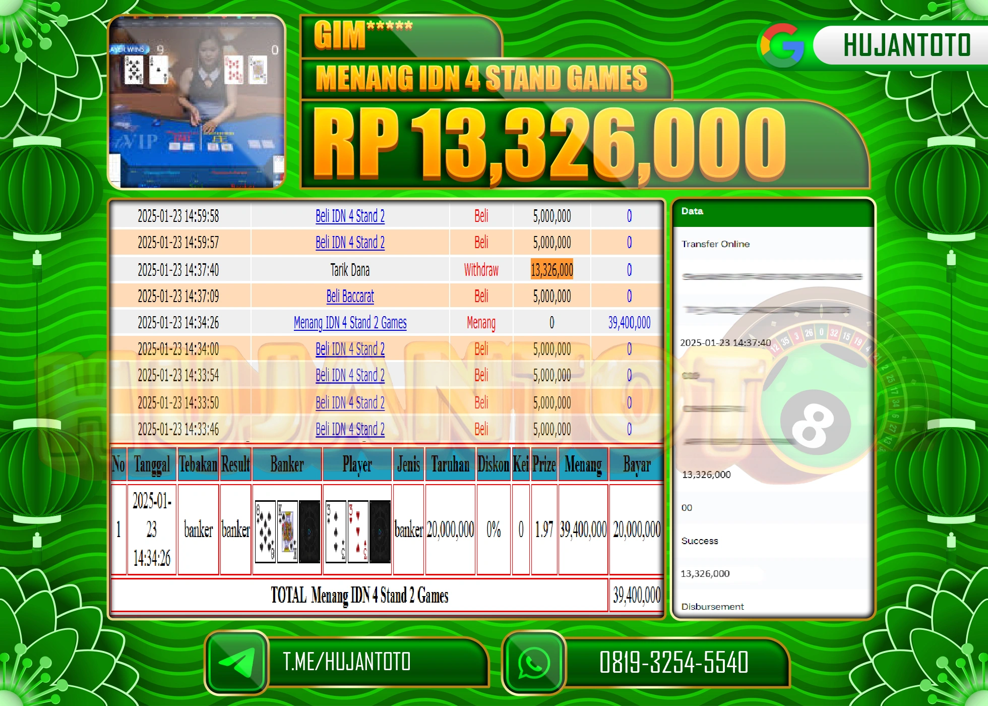 HUJANTOTO - BUKTI JACKPOT DI PERMAINAN  IDN 4 STAND GAMES Rp,13,326,000 - TERBAYAR LUNAS