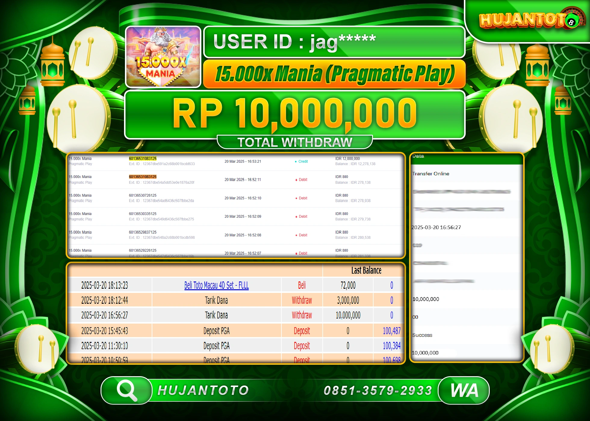 HUJANTOTO - BUKTI JACKPOT MENANG SLOT 15.000x MANIA PRAGMATIC PLAY  Rp,10,000,000 - TERBAYAR LUNAS