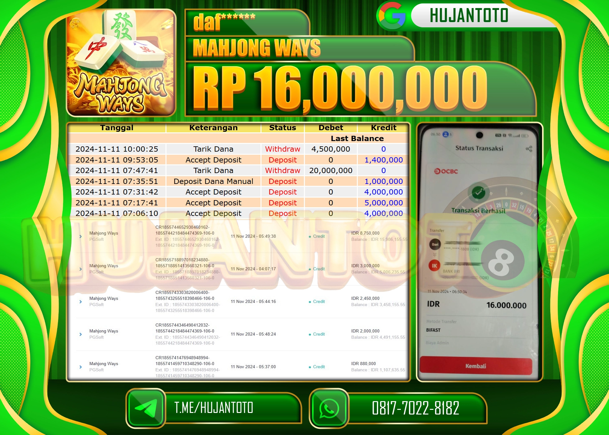 HUJANTOTO MENANG DI PERMAINAN  DI RAIH SLOT MAHJONG WAYS  - 16,000,000  - LUNAS