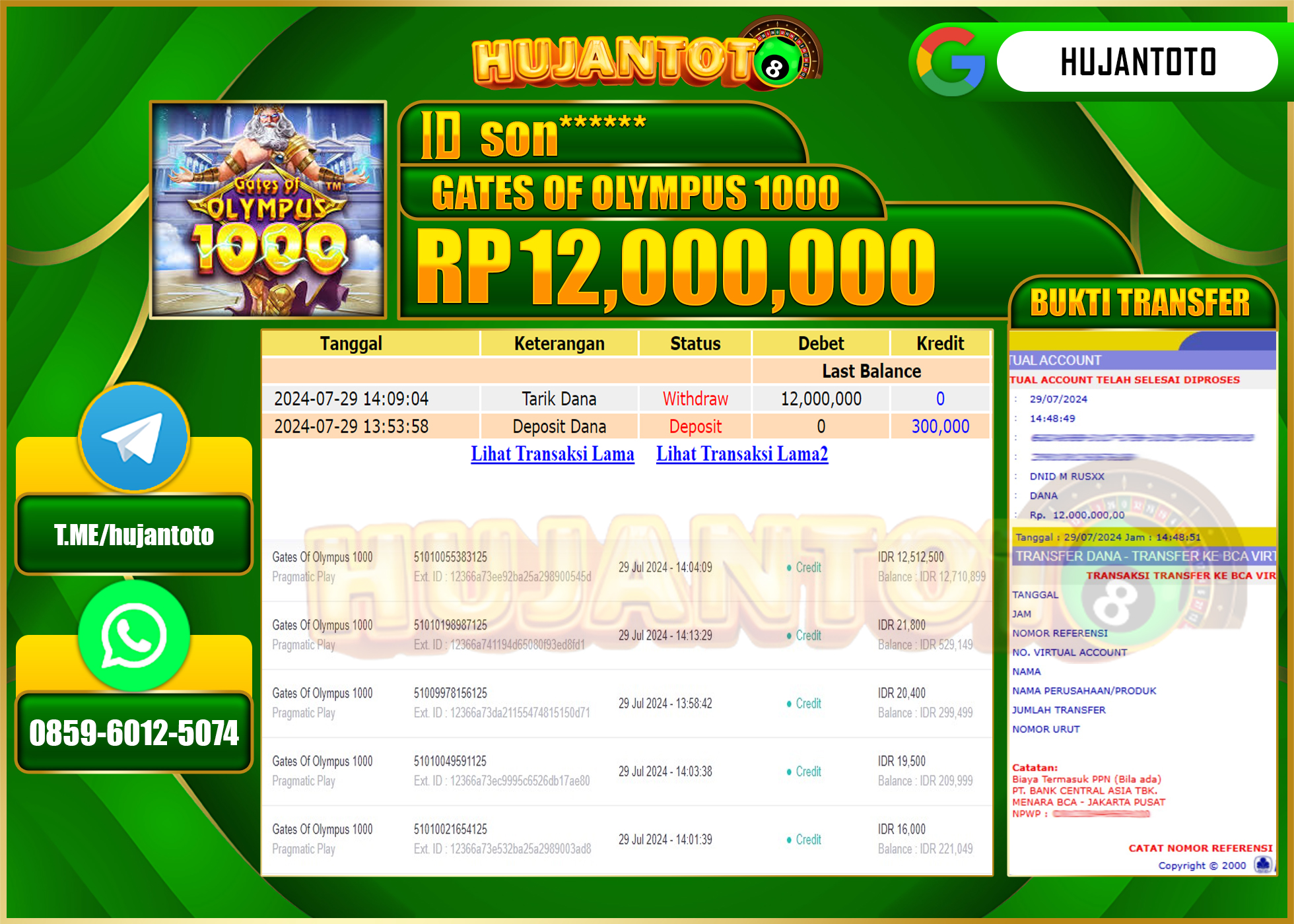 HUJANTOTO MENANG PERMAINAN SLOT GATES OF OLYMPUS 1000,  12.000.000 - LUNAS 